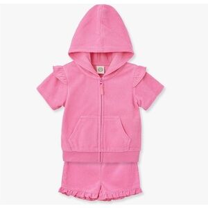 Little Me Baby Girl Swim Swimsuit Hooded Terry Pink Cover Up Shorts Top Full Zip